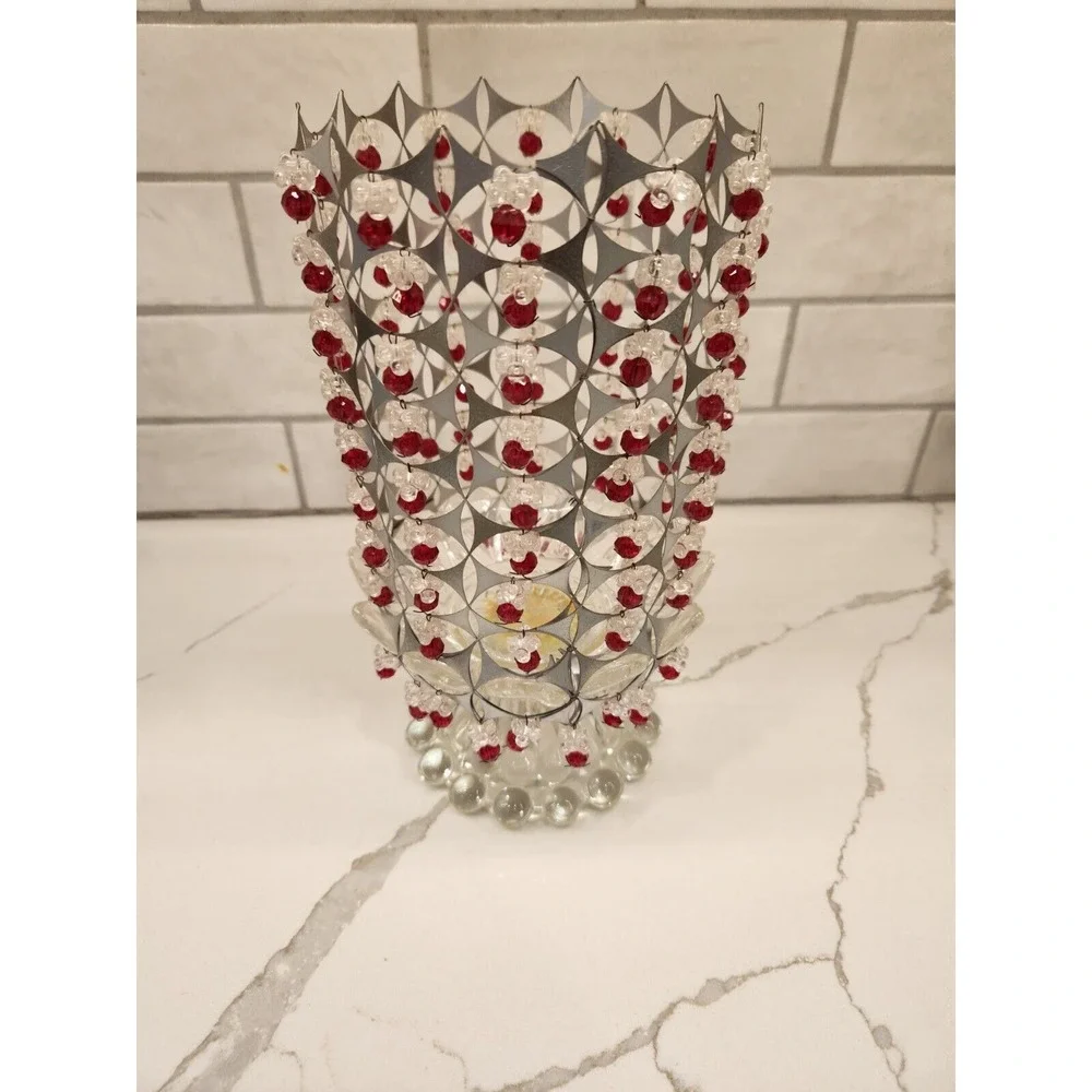 MCM Style 70s Or 80s Candle Holder Glass Base‎ With Beaded And Metal Tin Shade